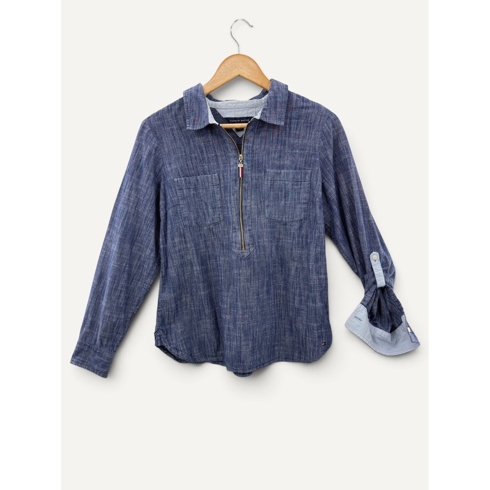 Chambray Quarter Zip Tommy Hilfiger Blue Cotton Pullover Shirt Size M Hamptons - Picture 2 of 13